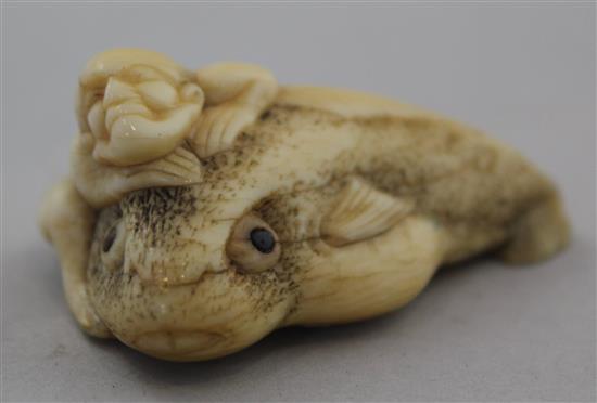 A Japanese ivory netsuke of a man riding an earthquake fish, Edo period, 4.7cm